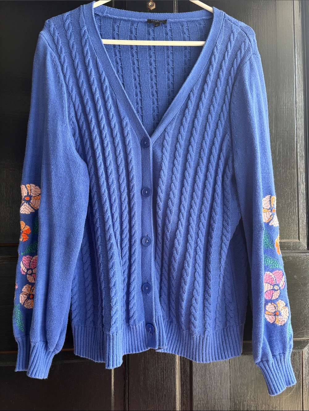 Talbots Cable-Knit Cardigan with Embroidered Floral Sleeves